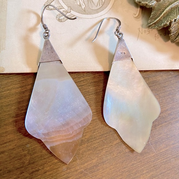 SOLD-Vintage Stylized Fan Leaf shaped Abalone Shell & Sterling Drop Earrings - Picture 10 of 15